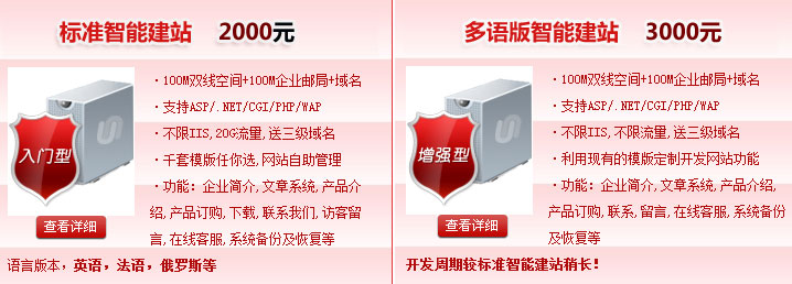 標準智能建站2000元，多語版智能建站3000元100M雙線空間+100M企業(yè)郵局+域名·支持ASP/.NET/CGI/PHP/WAP·不限IIS,不限流量。智能建站系統(tǒng)“魔方”價格介紹! 熱線電話：400-697-8610 01062199213